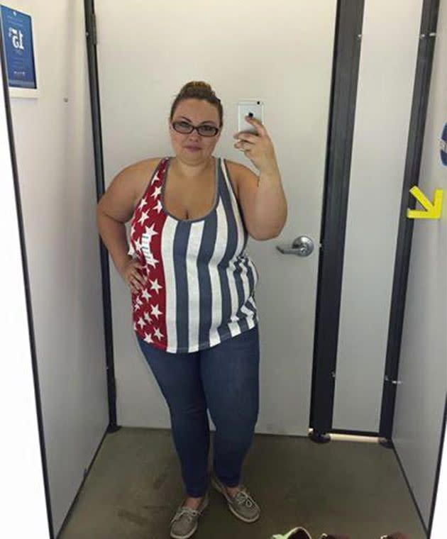 Rachel Taylor’s selfie in the Old Navy dressing room. Photo: Facebook.