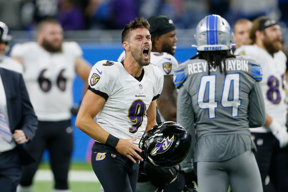 Baltimore Ravens kicker Justin Tucker celebrates after kicking a 66-yard field goal to stun the Detroit Lions, 19-17, in Detroit, Sunday, Sept. 26, 2021.