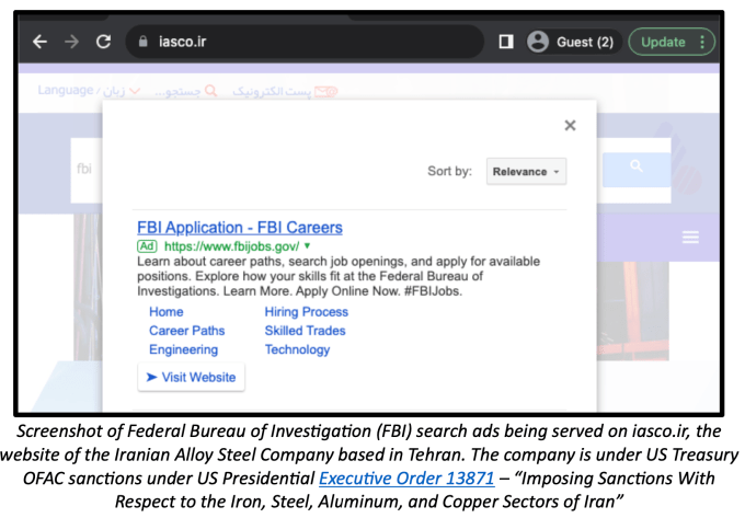 Adalytics report on GSP showing FBI jobs ads appearing on the website of an Iranian company it says is under OFAC sanctions