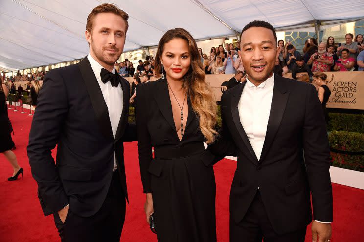Actor Ryan Gosling, model and lucky lady Chrissy Teigen and her husband, singer/actor John Legend, pose. (Photo by Kevin Mazur/Getty Images for TNT)