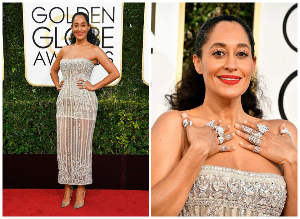 <p><b>Grade: A+</b><br>The “Black-ish” actress glimmered on the red carpet in rich embroidery and rings-a-plenty. </p>