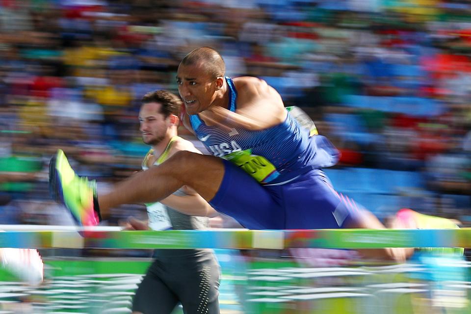 Ashton Eaton of the United States competes in the Men's Decathlon 110m Hurdles on Day 13 of the Rio 2016 Olympic Games at the Olympic Stadium on August 18, 2016 in Rio de Janeiro, Brazil. (Getty)