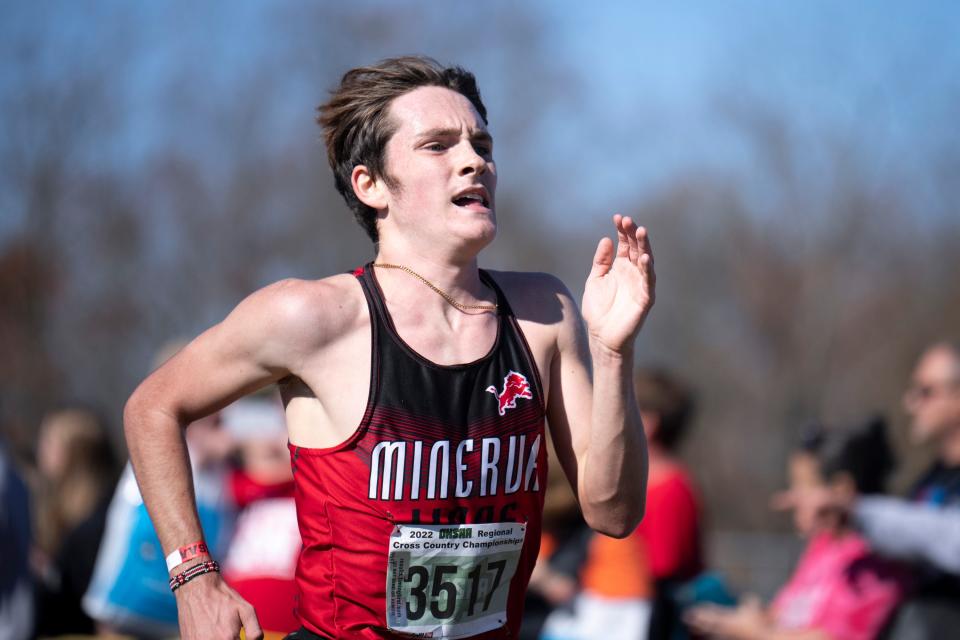 Minerva’s Grasyn Rettig (3517) runs down the final stretch of the cross country regional meet at Pickerington North High School, Oct. 29, 2022. Grasyn finished seventh in the boys Division II race.