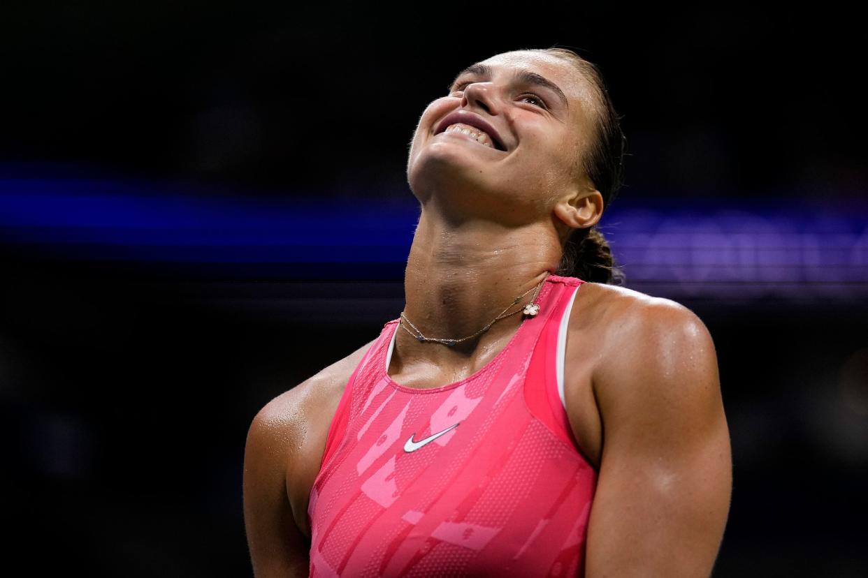 Aryna Sabalenka smiles during the tiebreaker of her 2023 US Open semifinal match.