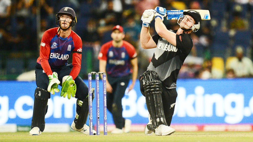 Jimmy Neesham, pictured here in action for New Zealand against England.