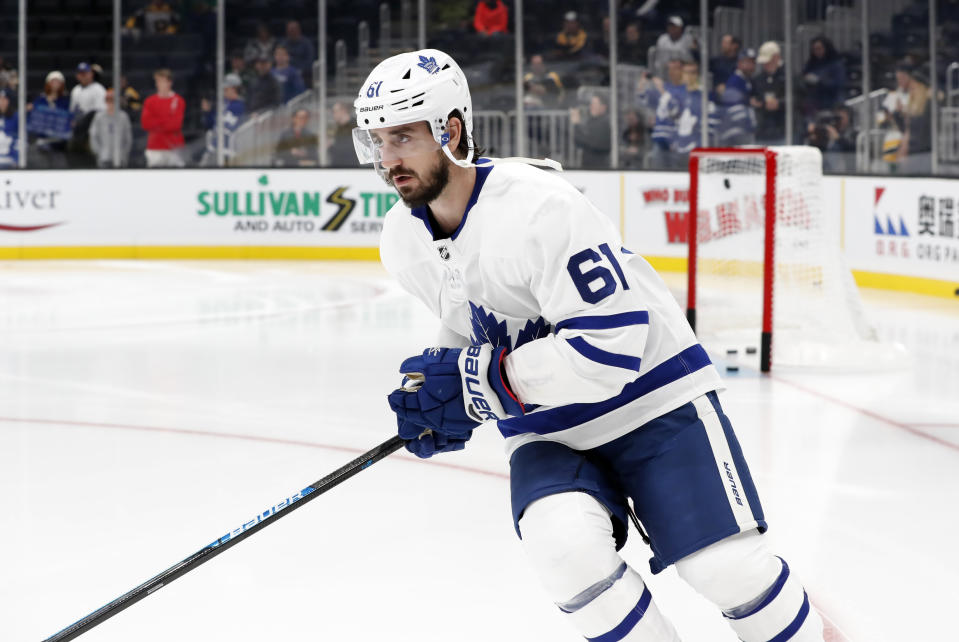 BOSTON, MA - OCTOBER 22: Toronto Maple Leafs winger Nic Petan (61) skates in warm up before a game between the Boston Bruins and the Toronto Maple Leafs on October 22, 2019, at TD Garden in Boston, Massachusetts. (Photo by Fred Kfoury III/Icon Sportswire via Getty Images)
