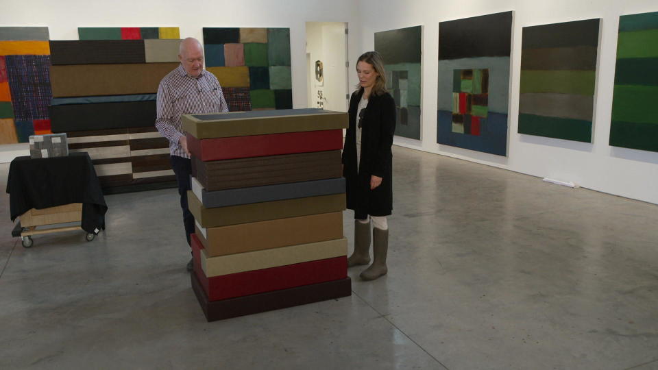 Sean Scully shows correspondent Serena Atschul a stacked artwork destined for Thorvaldsen's Museum in Copenhagen, for a solo show opening this fall.   / Credit: CBS News