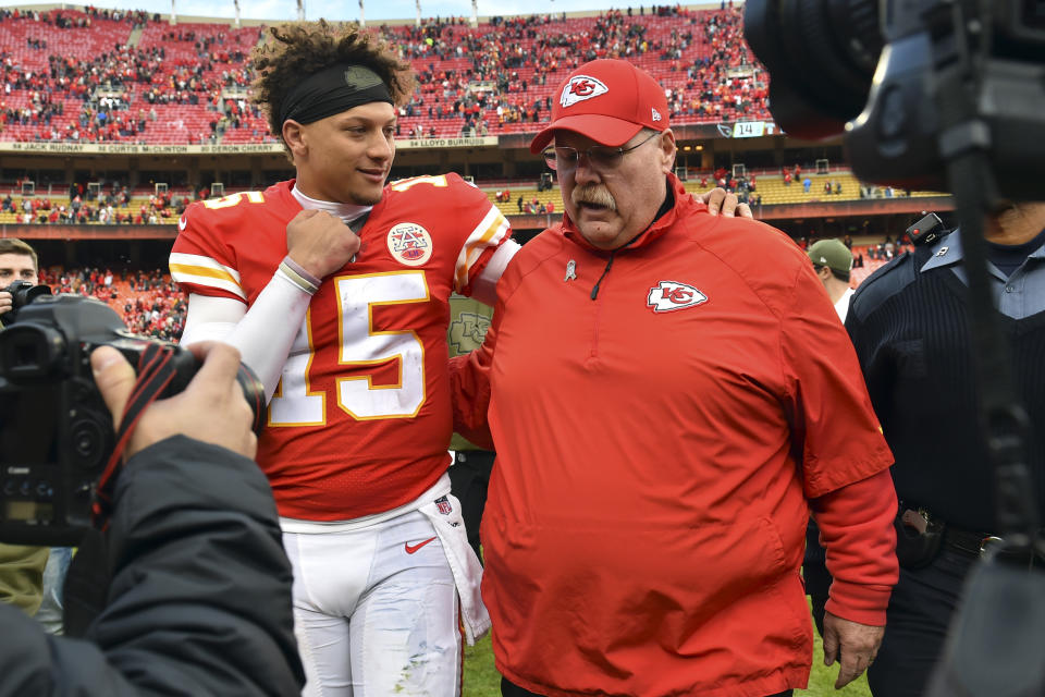 Andy Reid is 1-4 in the playoffs as Kansas City’s head coach. This time, he has Patrick Mahomes. (AP)