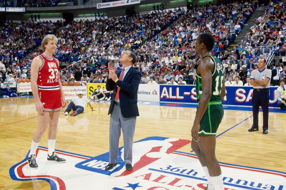 Eventual three-time winners Larry Bird and Craig Hodges squared off in the inaugural 3-point shooting contest. (Getty Images)