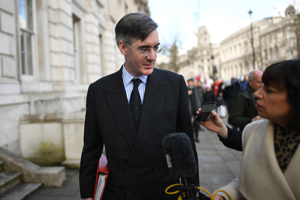 LONDON, ENGLAND - MARCH 02: Leader of the House of Commons and Lord President of the Council Jacob Rees-Mogg is seen leaving the Cabinet Office on Whitehall on March 2, 2020 in London, England. Prime Minister Boris Johnson chaired a Cobra meeting today to discuss plans to tackle the coronavirus outbreak after the weekend saw the total number of cases in the UK rise to 36. (Photo by Peter Summers/Getty Images)