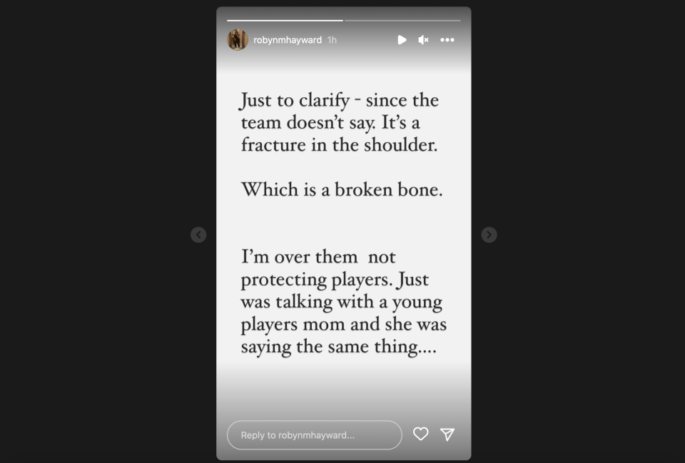 Capture d'écran de l'histoire Instagram de Robyn Hayward.  Il a en fait une épaule cassée ..... ils l'ont fait jouer lors du dernier match ... c'est pourquoi il ne pouvait pas bouger son bras lors du dernier match ..... tout le monde sait que Gordon a un but et que est de gagner et de jouer de la bonne manière, le joueur/personne le plus honnête que vous trouverez.  S'il ne le jouait pas pour rien de plus qu'une contusion... Je m'arrêterais là et ne rentrerais pas dans les trucs précédents.  (Instagram)