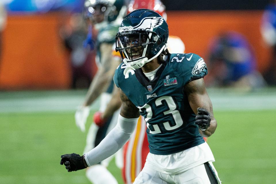 El safety de los Philadelphia Eagles, CJ Gardner-Johnson, reacciona contra los Kansas City Chiefs en el Super Bowl LVII en el State Farm Stadium, el 12 de febrero de 2023 en Glendale, Arizona.