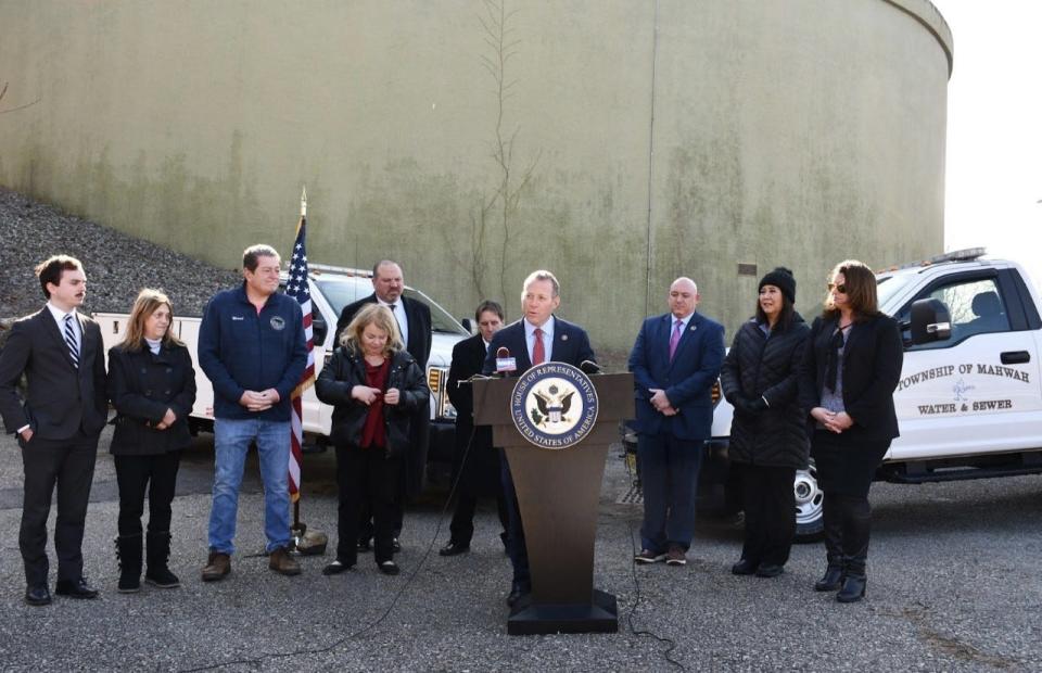 Attending Tuesday's press conference at Mahwah's Tudor Rose Court water tank were (From left): League of Conservation Voters Campaign Manager Matthew Salton, Councilwoman Janet Ariemma, Councilman Ward Donigian, Bergen County Commissioner Mary J. Amoroso, Business Administrator Ben Kezmarsky, Mayor James Wysocki, U.S. Congressman Josh Gottheimer, Council President David May, Councilwoman Michelle Crowe Paz, and Councilwoman Kim Bolan.