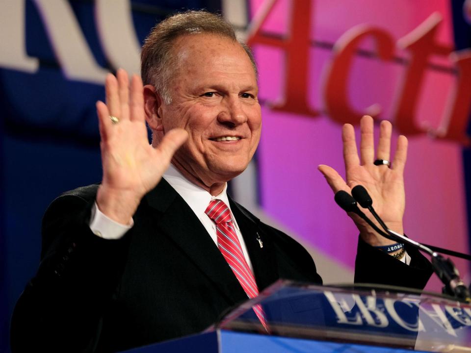 Roy Moore, seen here speaking at the Values Voter Summit of the Family Research Council in Washington, DC on October 13, 2017, faces allegations of pursuing relationships with underage women: REUTERS/James Lawler Duggan