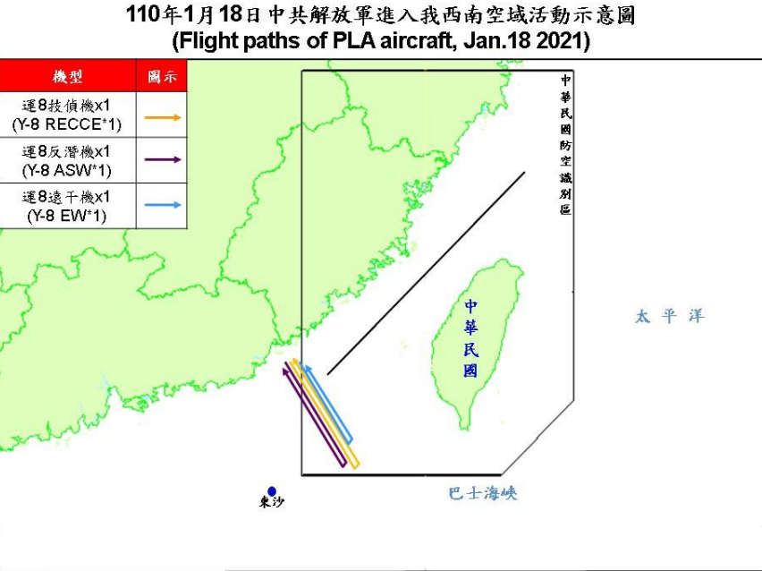 空軍今天發布共機動態，共軍1架運8技術偵察機、1架運8反潛機，1架運8遠干機侵犯台灣西南防空識別區（ADIZ）；空軍派遣空中巡邏兵力應對、廣播驅離、防空飛彈追蹤監控。(國防部提供)