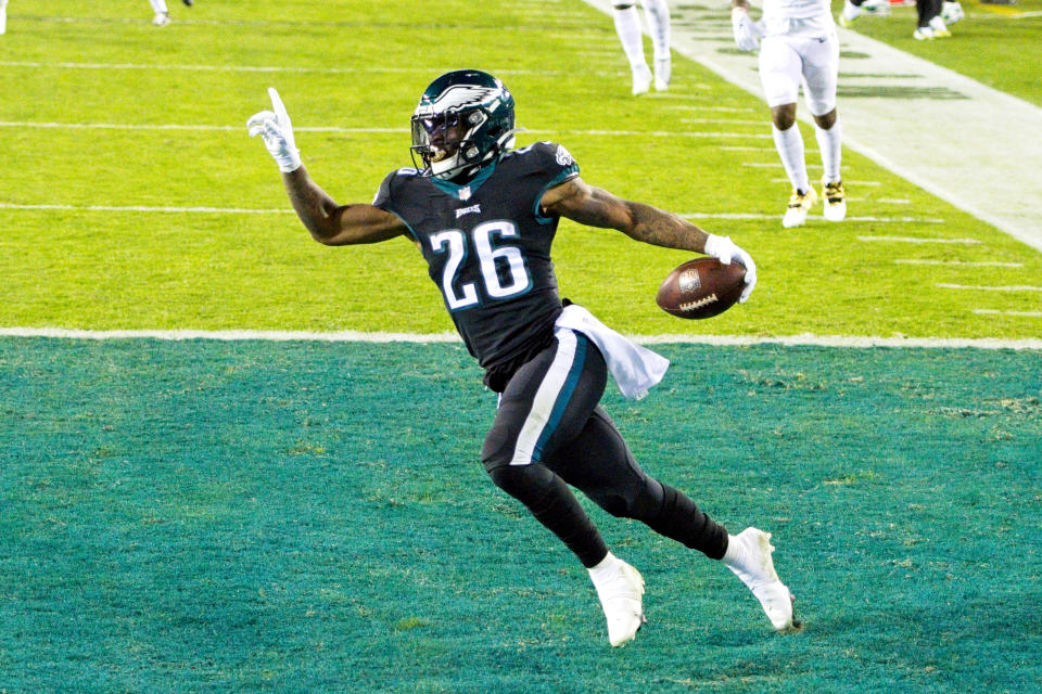 PHILADELPHIA, PA - DECEMBER 13: Philadelphia Eagles running back Miles Sanders (26) rushes for a touchdown during the game between the New Orleans Saints and the Philadelphia Eagles on December 13, 2020 at Lincoln Financial Field in Philadelphia, PA. (Photo by Andy Lewis/Icon Sportswire via Getty Images)