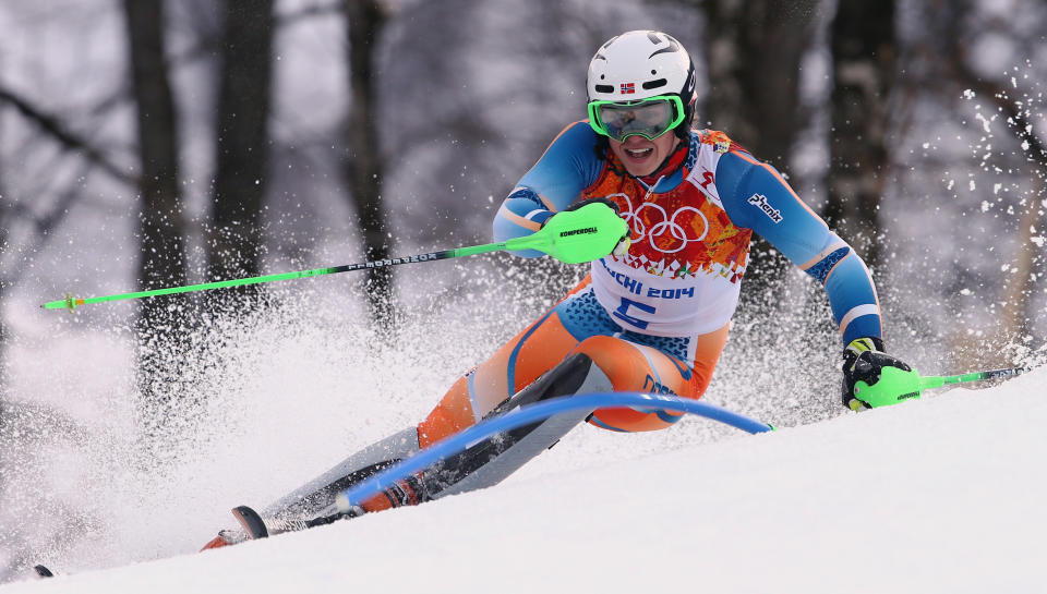 Norway's Henrik Kristoffersen skis during the first run of the men's slalom at the Sochi 2014 Winter Olympics, Saturday, Feb. 22, 2014, in Krasnaya Polyana, Russia.(AP Photo/Alessandro Trovati)