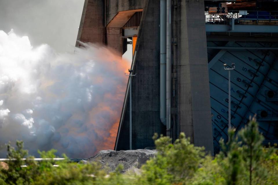 Steam erupts from the base of the A-1 Test Stand, also called the Fred Haise Test Stand, at Stennis Space Center in Bay St. Louis on Wednesday, April 3, 2024, as NASA tests one of the RS-25 engines destined for the Artemis missions. Hannah Ruhoff/Sun Herald