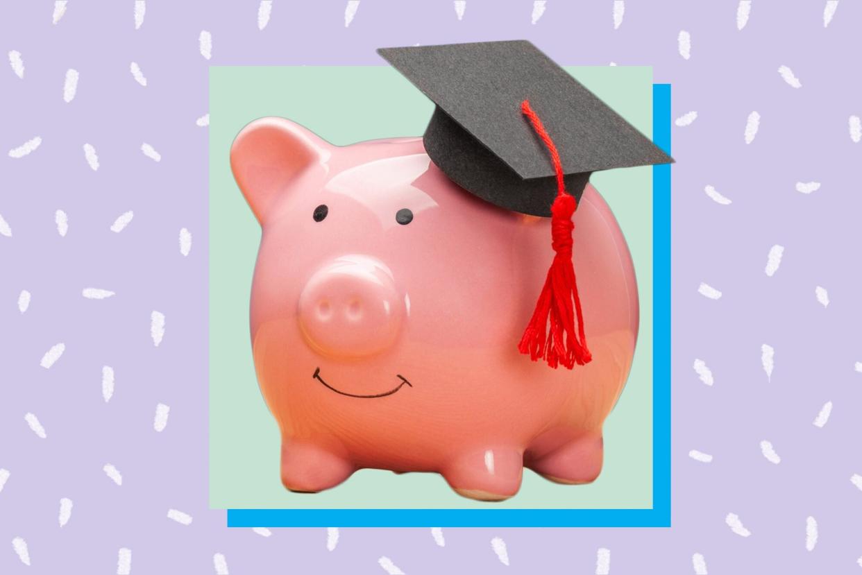 An image of a piggy bank with a graduation cap on a colorful background.