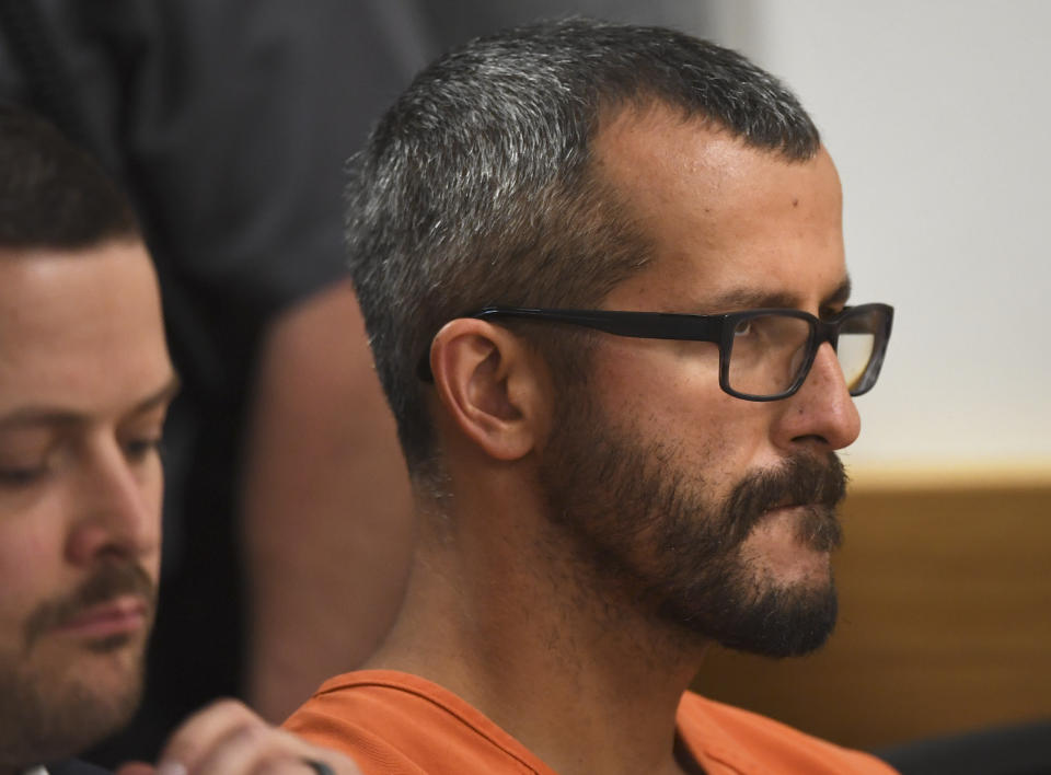 File - In this Aug. 21, 2018 file photo, Christopher Watts is in court for his arraignment hearing at the Weld County Courthouse in Greeley, Colo. Colorado prosecutors want a judge to block release of the autopsy reports of a woman and two young girls found dead at an oil work site, arguing that the cause of their deaths will be "critical evidence" during the trial of the man accused of killing his family. In a request filed in Weld County Court on Monday, Sept. 17, 2018, District Attorney Michael Rourke said releasing information from the autopsies could influence witnesses and affect future jurors. Watts, 33, was arrested and charged in August with murdering his 34-year-old pregnant wife, Shanann, and their two daughters, four-year-old Bella and three-year-old Celeste. (RJ Sangosti/The Denver Post via AP, Pool, File)