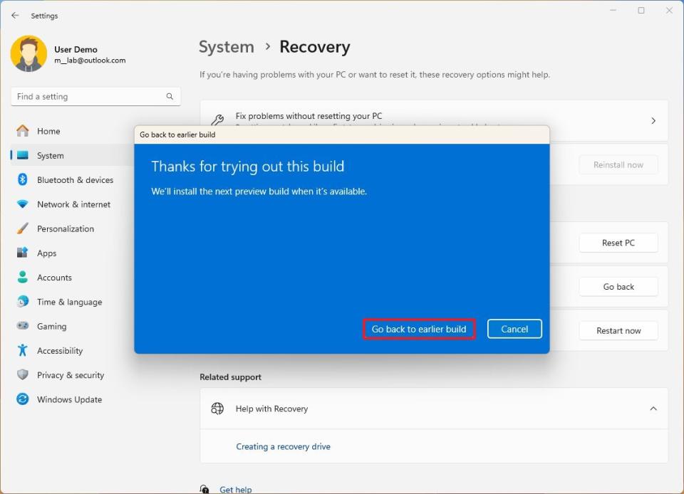 Windows 11 rollback feature