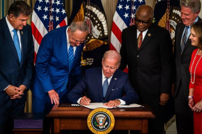 <div class="inline-image__caption"><p>President Joe Biden signs into law H.R. 5376, the Inflation Reduction Act of 2022 in the State Dining Room of the White House on Aug. 16, 2022.</p></div> <div class="inline-image__credit">Demetrius Freeman/The Washington Post via Getty</div>
