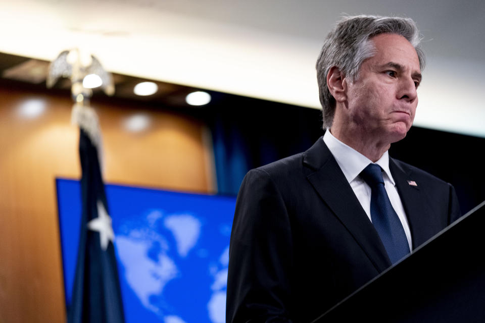 Secretary of State Antony Blinken pauses while speaking at a news conference, Wednesday, July 27, 2022 at the State Department in Washington. The Biden administration has offered a deal to Russia aimed at bringing home WNBA star Brittney Griner and another jailed American Paul Whelan. That's according to Blinken, who also revealed that he had asked to speak with his Kremlin counterpart for the first time in months in hopes of expediting an answer from Russia. (AP Photo/Andrew Harnik)