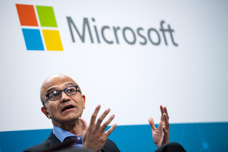 27 February 2019, Berlin: Satya Nadella, CEO of Microsoft, sits in the Volkswagen Digital Lab in Friedrichshain for a joint press conference with the Chairman of the Board of Management of Volkswagen. Volkswagen and Microsoft are developing the Volkswagen Automotive Cloud as part of their technology partnership. Photo: Bernd von Jutrczenka/dpa (Photo by Bernd von Jutrczenka/picture alliance via Getty Images)