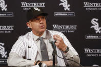 New Chicago White Sox baseball team manager Pedro Grifol speaks during news conference, Thursday, Nov. 3, 2022, in Chicago. (AP Photo/Kamil Krzaczynski)