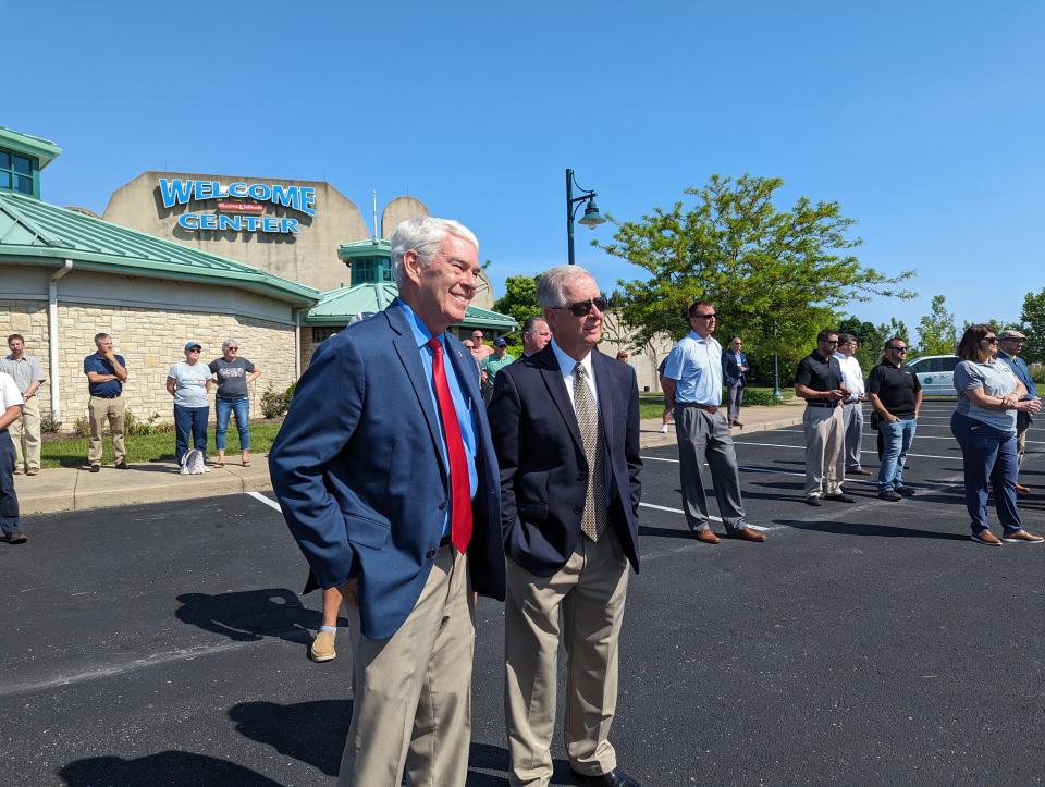 Former Senate Majority Leader Randy Gardner, R-Bowling Green, left, and former state Rep. Steve Arndt, R-Port Clinton, were on hand for Monday's dedication of the Gateway to the Islands.