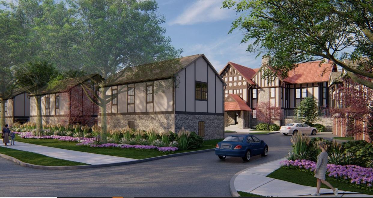 The Marble Cliff Gateway Mansion, a 1907 Tudor Revival landmark, is being converted into condominiums, while new condominiums in a similar style are built around it, as seen in this rendering.