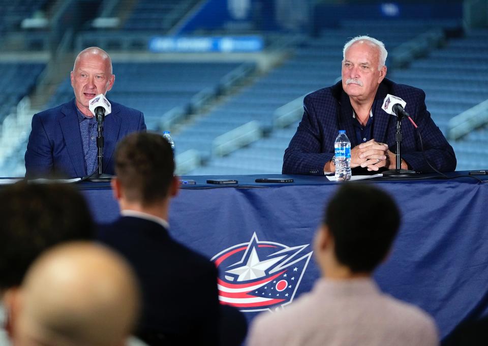 Sep 18, 2023; Columbus, Ohio, USA; General manager Jarmo Kekalainen and team president John Davidson talk about Mike Babcock's resignation and the hiring of new head coach Pascal Vincent during the Columbus Blue Jackets media day prior to the start of training camp at Nationwide Arena.