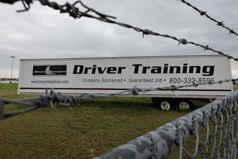 Stevens Transport headquarters in Mesquite on Tuesday, Oct. 24, 2023.
Female truckers filed a federal discrimination complaint against against the company, arguing that their same sex training policy prevents women from getting hired. The lawsuit comes as Texas faces a significant shortage of truck drivers.