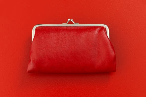 B3Y418 Red coin purse on red background Red; coin; purse; on; red; background; Red; color; background; object; thing; Purse; pur