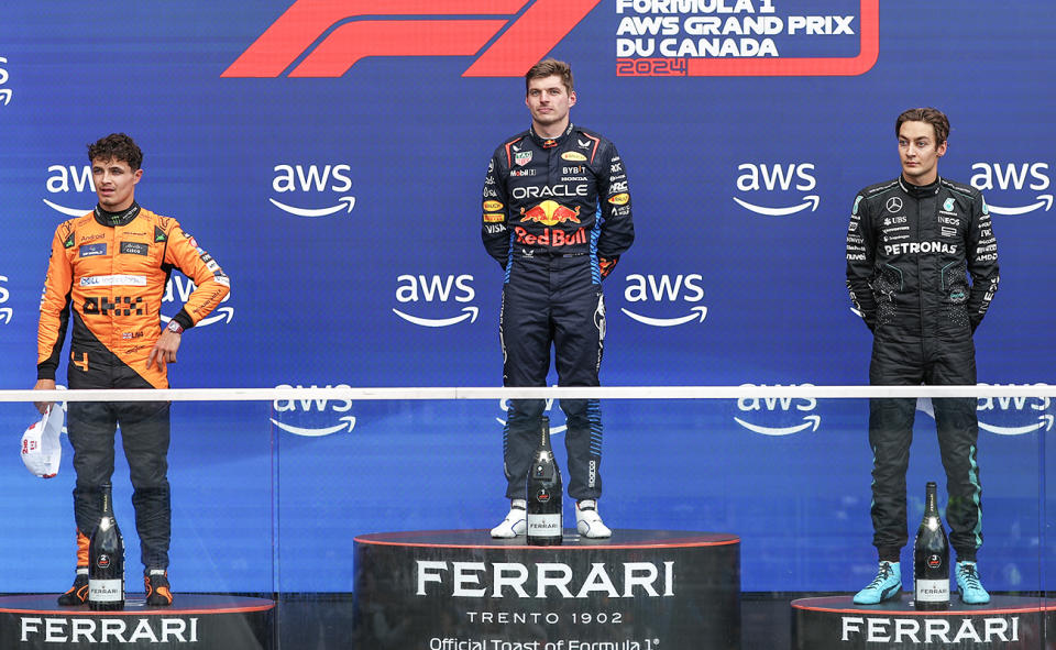 Lando Norris, Max Verstappen and George Russell after the Canadian Grand Prix. 