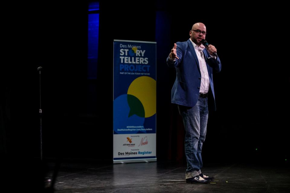 Chad Taylor tells his story, Stranded in Inuvik: How a self-described "moron" found himself alone above the Arctic Circle, during the Des Moines Storytellers Project's My Great Adventure: Wanderlust, taking a leap and getting away, produced by the Des Moines Register, on Tuesday, April 23, 2019, at Hoyt Sherman Place in Des Moines.