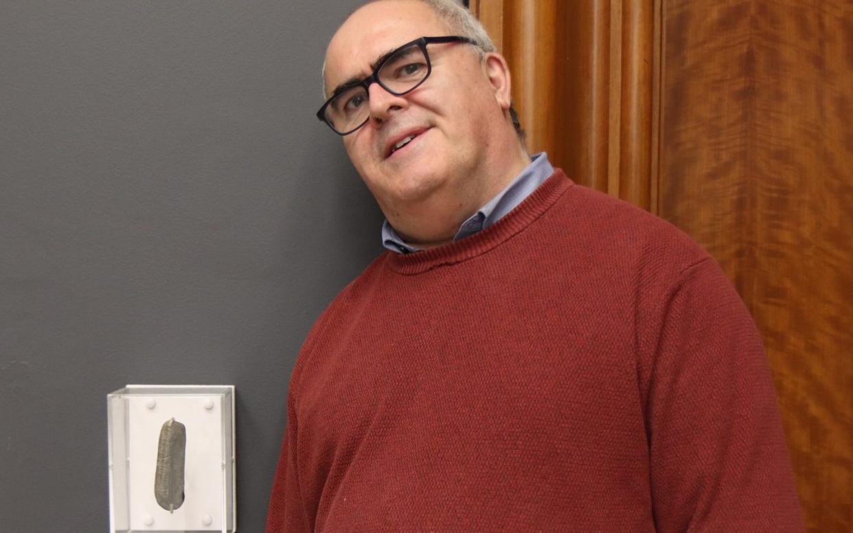 Graham Senior at the Herbert Art Gallery and Museum in Coventry with the stone he found, on Friday