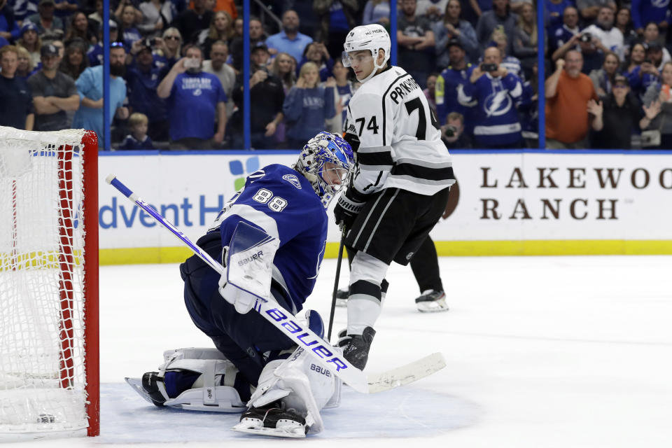 Los Angeles Kings left wing Nikolai Prokhorkin (74) beats Tampa Bay Lightning goaltender Andrei Vasilevskiy (88) during a shoot out in an NHL hockey game Tuesday, Jan. 14, 2020, in Tampa, Fla. (AP Photo/Chris O'Meara)