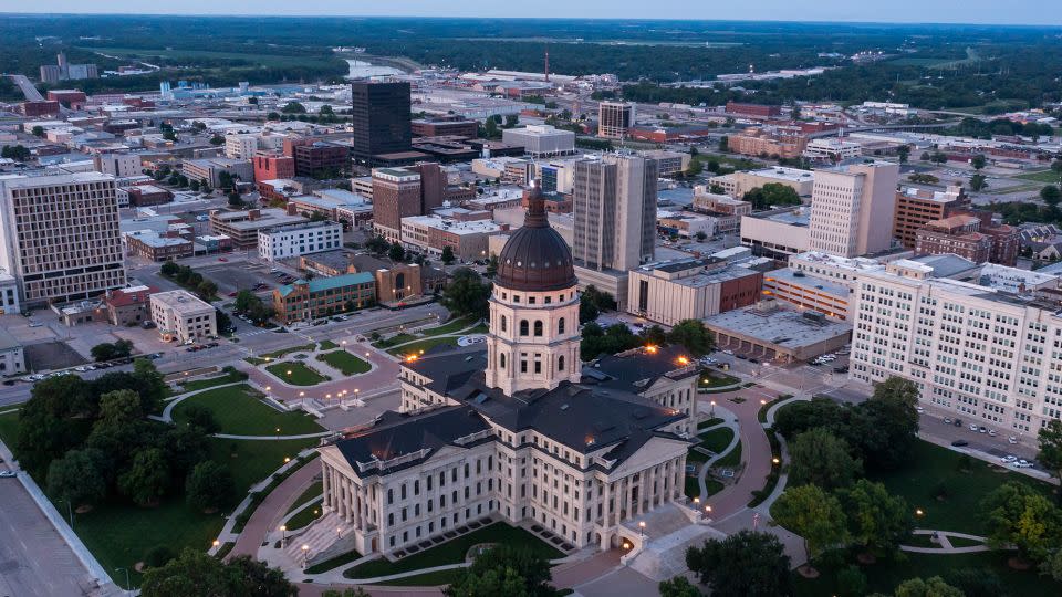 Twilight view of the state capitol building in downtown Topeka. - MattGush/iStockphoto/Getty Images