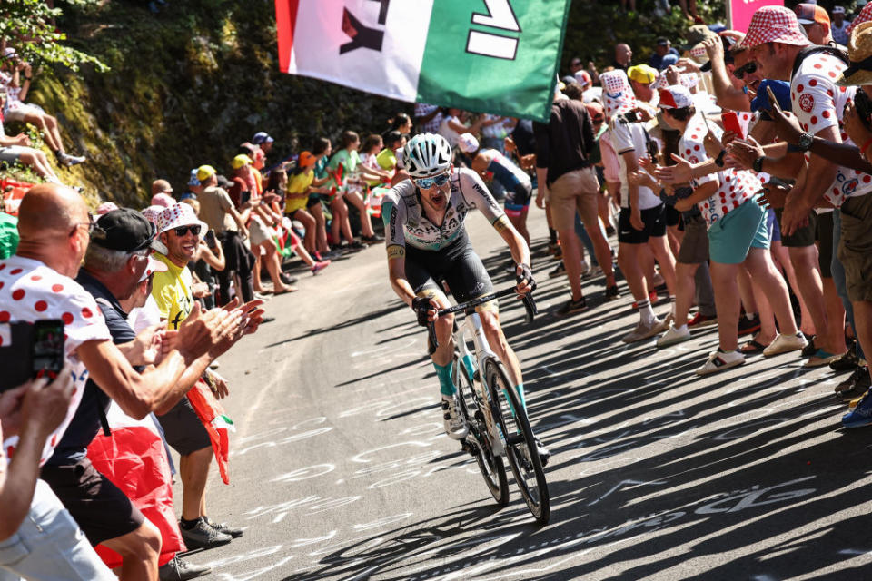 Bahrain - Victorious' Wouter Poels is solo in the final ascent of Saint-Gervais-les-Bains in the last kilometres of the stage 15