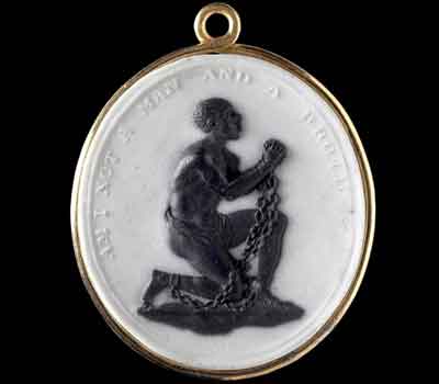 English potter and abolitionist Josiah Wedgwood created this medallion of an enslaved Black man kneeling, bearing the inscription ‘Am I Not a Man and a Brother’ (Medallion)