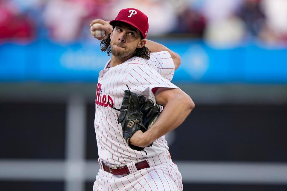 Philadelphia Phillies starting pitcher Aaron Nola throws against the Arizona Diamondbacks during the first inning in Game 6 of the baseball NL Championship Series in Philadelphia Monday, Oct. 23, 2023.