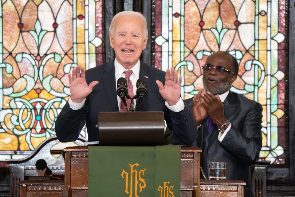 President Joe Biden speaks during a campaign event at Emanuel AME Church on January 8, 2024 in Charleston, South Carolina. The church was the site of a 2015 shooting massacre perpetrated by a white supremacist.