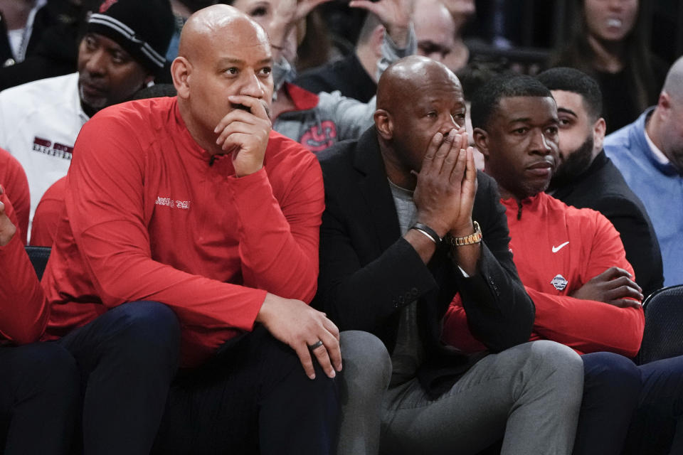 St. John's head coach Mike Anderson, center, reacts during the second half of an NCAA college basketball game against Marquette in the quarterfinals of the Big East Conference Tournament Thursday, March 9, 2023, in New York. Marquette won 72-70. (AP Photo/Frank Franklin II)