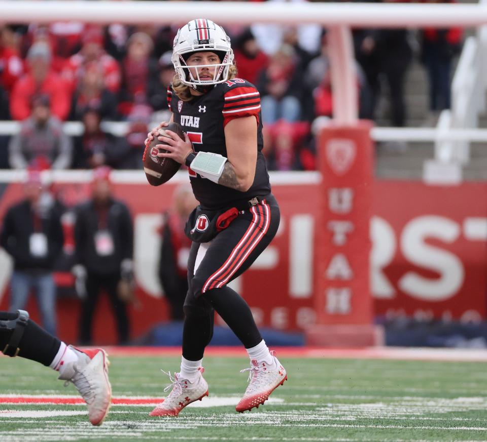 Utah Utes quarterback Luke Bottari (15) throws against the Colorado Buffaloes in Salt Lake City on Saturday, Nov. 25, 2023. Utah won 23-17. | Jeffrey D. Allred, Deseret News