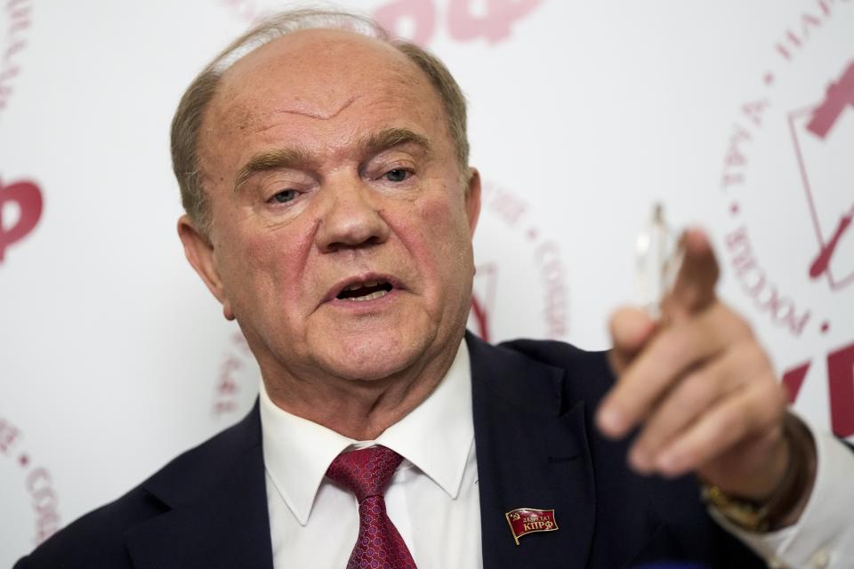 Russian Communist Party leader Gennady Zyuganov gestures while speaking at a news conference during the Parliamentary elections in Moscow, Russia, Sunday, Sept. 19, 2021. From the Baltic Sea to the Pacific Ocean, Russians across eleven time zones voted Sunday on the third and final day of a national election for a new parliament, a ballot in which the pro-Kremlin ruling party is largely expected to retain its majority after months of relentless crackdown on the opposition. (AP Photo/Pavel Golovkin)