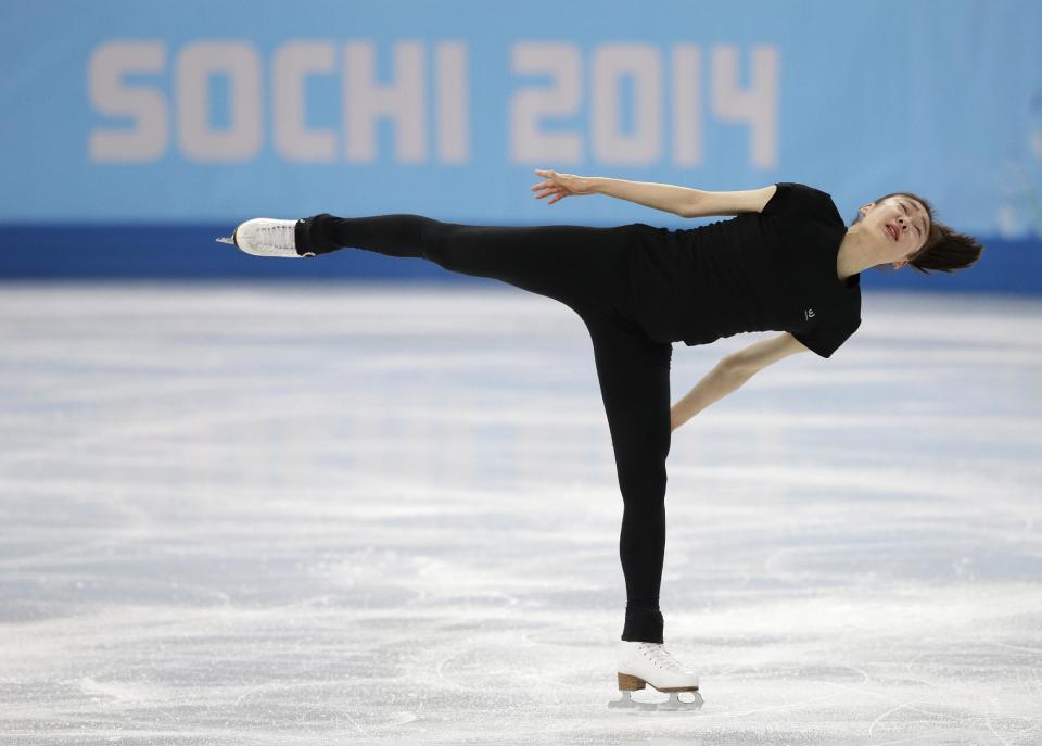 Yuna Kim of South Korea skates during a practice session at the Iceberg Skating Palace during the 2014 Winter Olympics, Sunday, Feb. 16, 2014, in Sochi, Russia. (AP Photo/Darron Cummings)