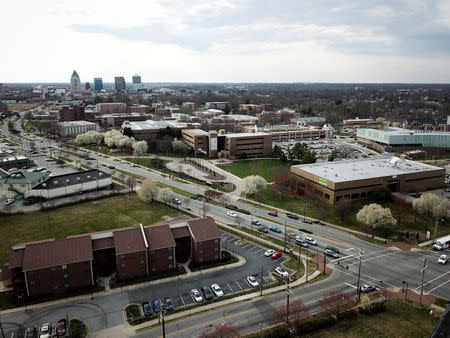 An aerial view of North Carolina A&T University, looking northwest towards downtown from a railroad track that briefly forms the boundary line between Congressional Districts 6 and 13, keeping the student housing complex to the south of the tracks in District 13 rather than District 6, Greensboro, North Carolina, U.S. March 13, 2019. Picture taken March 13, 2019. REUTERS/Charles Mostoller