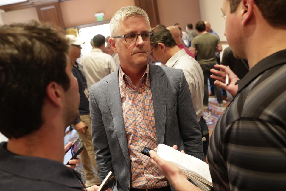 Houston Astros general manager Jeff Luhnow speaks during a media availability during the Major League Baseball general managers annual meetings Tuesday, Nov. 12, 2019, in Scottsdale, Ariz. (AP Photo/Matt York)