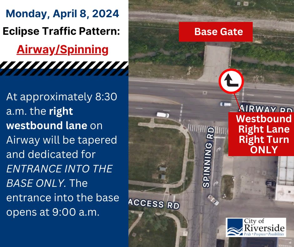 This the traffic pattern the City of Riverside  will enforce around Airway and Spinning during the April 8, 2024, solar eclipse event. (Courtesy: City of Riverside)